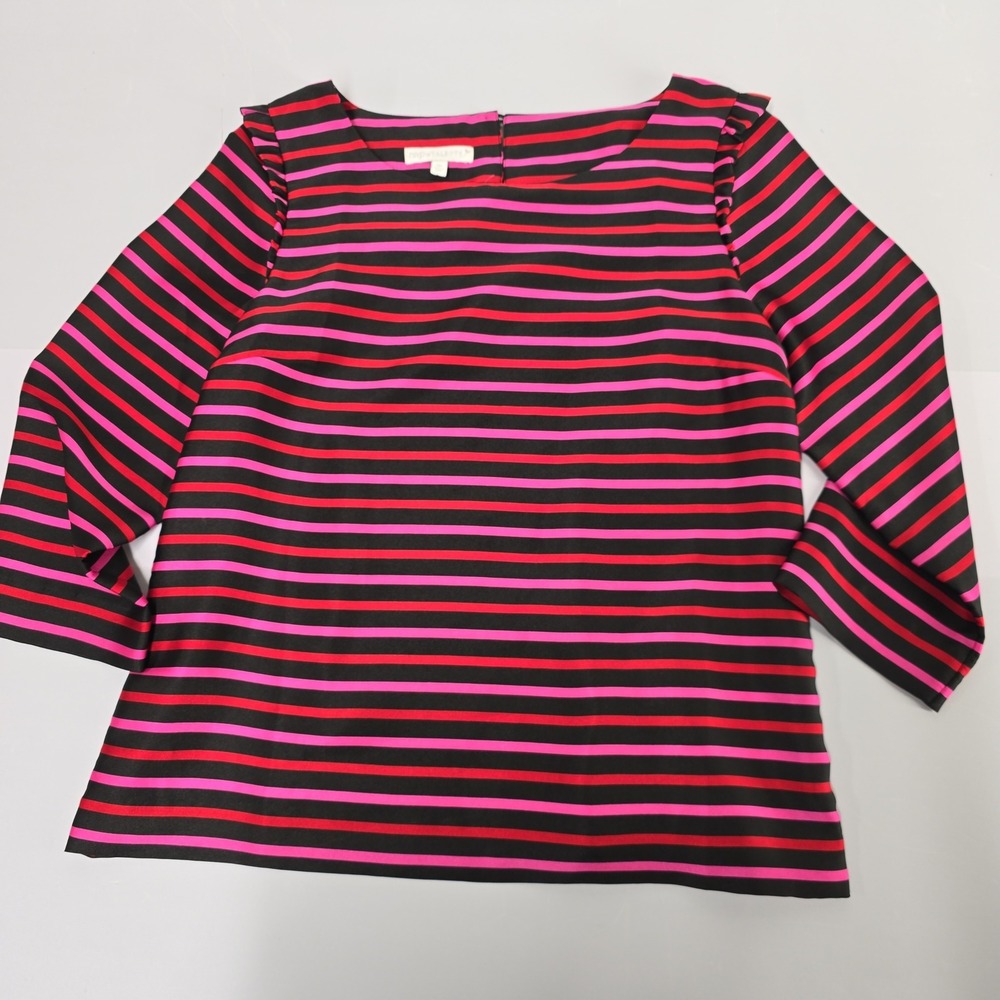 RSVP‎ by Talbots Womens 6P Striped Ruffle Shoulder Blouse Pink Red Black Top